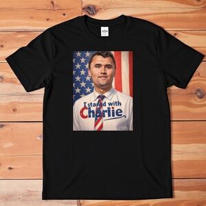 I Stand With Charlie‎ Kirk T-Shirt Retro Patriotic Flag Design Unisex Tee New